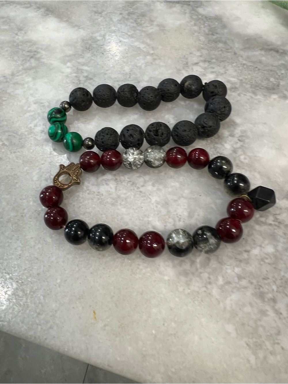 Beaded Stretch Bracelet Set - Black, Red & Green Accent